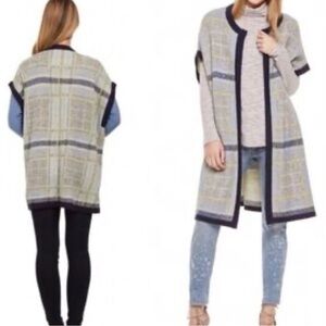 Two by Vince Camuto Nordic Blues Plaid Oversized Open Sweater Vest | NWT | L